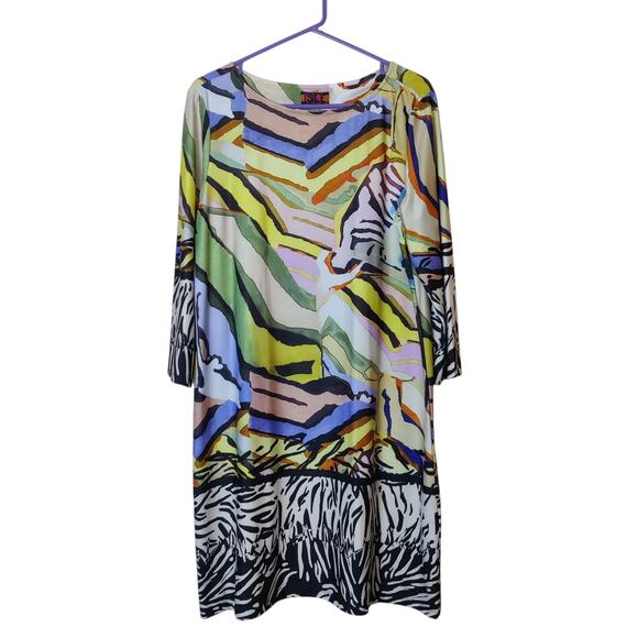 Isle by Melis Kozan Colorful Zebra Stripe 3/4 Sleeve Large Artsy Vacation Dress - Picture 1 of 12